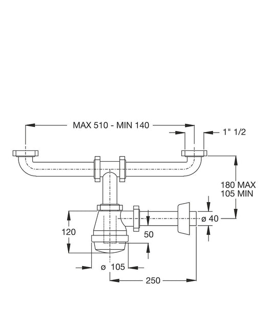Sifone per Lavello in Polipropilene a "fiasca" a 2 Vie Senza Piletta 1"1/2