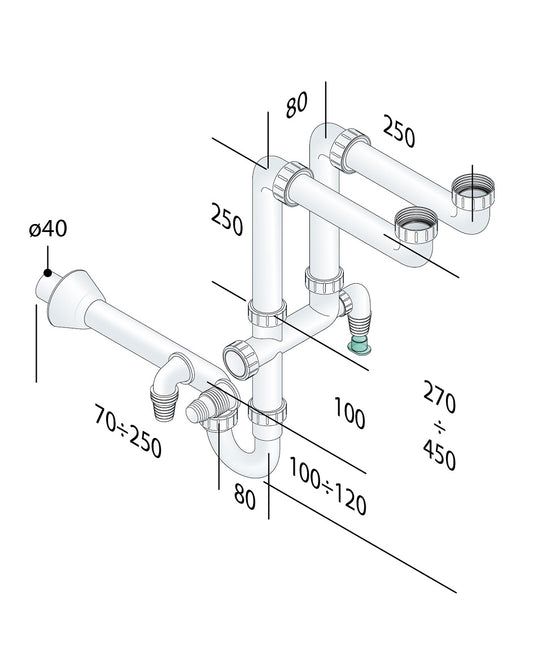 Sifone Praktik In Polipropilene Per Lavello 2 Vie 1"1/2