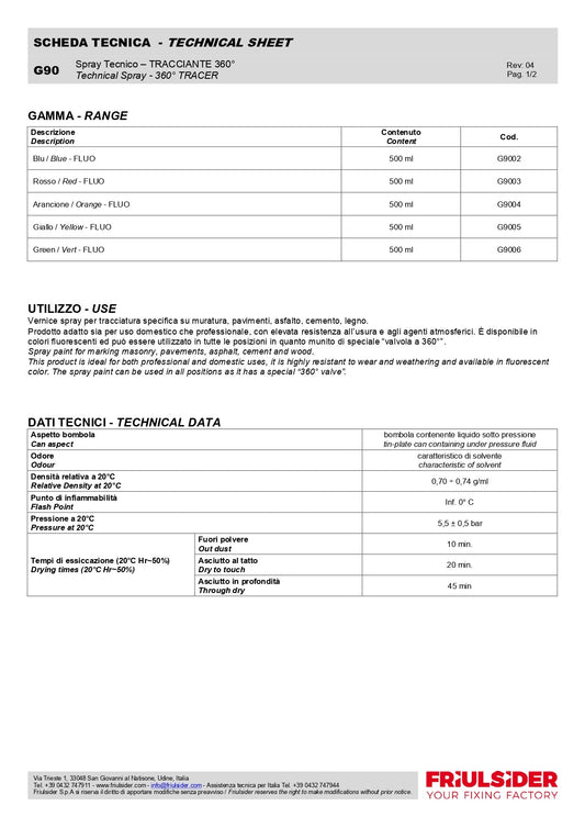 Friulsider G90 Vernice Spray Tracciante con valvola 360 gradi Rosso Fluo