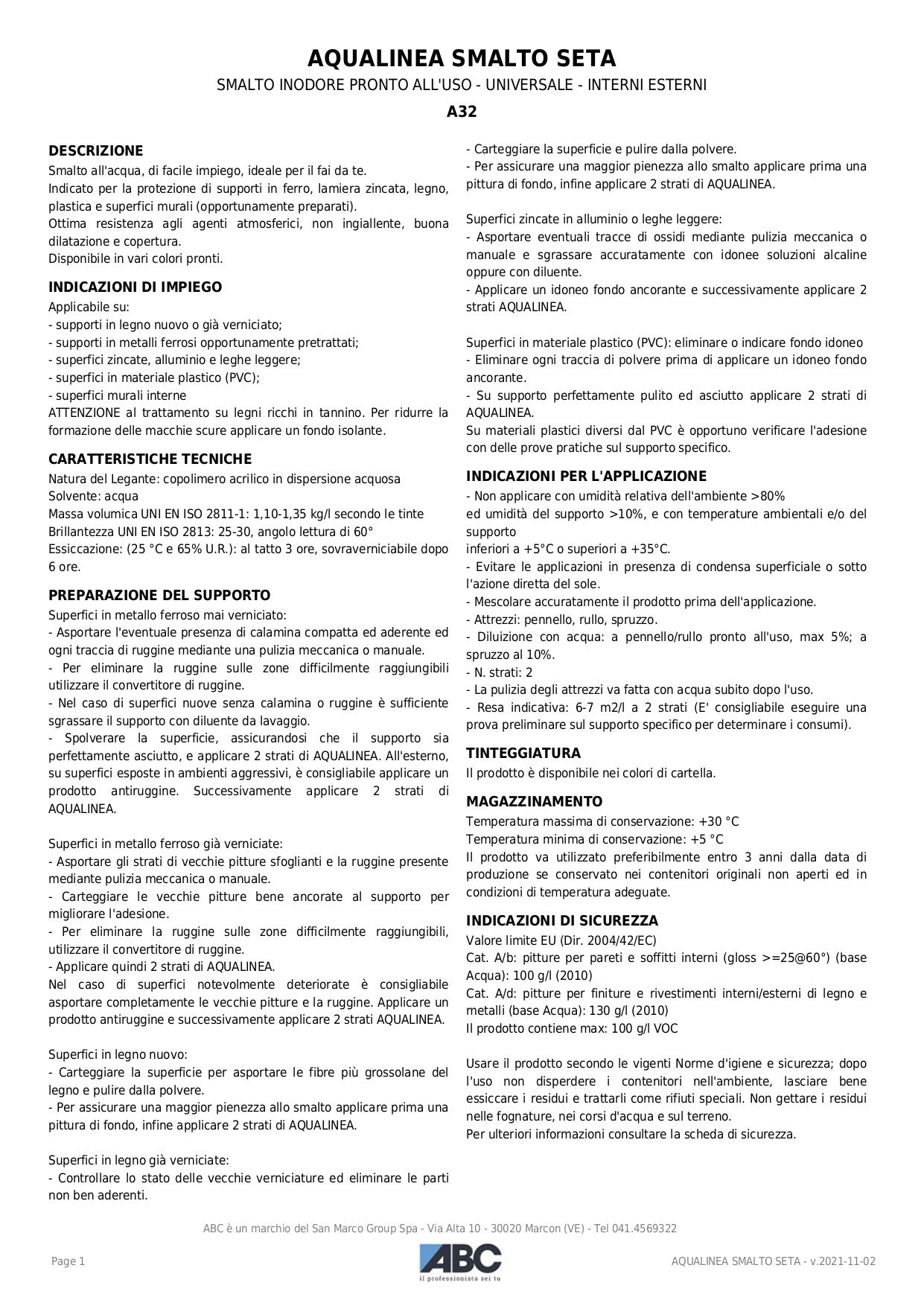 ABC Aqualinea Smalto Seta 0021 Avorio 1 Lt