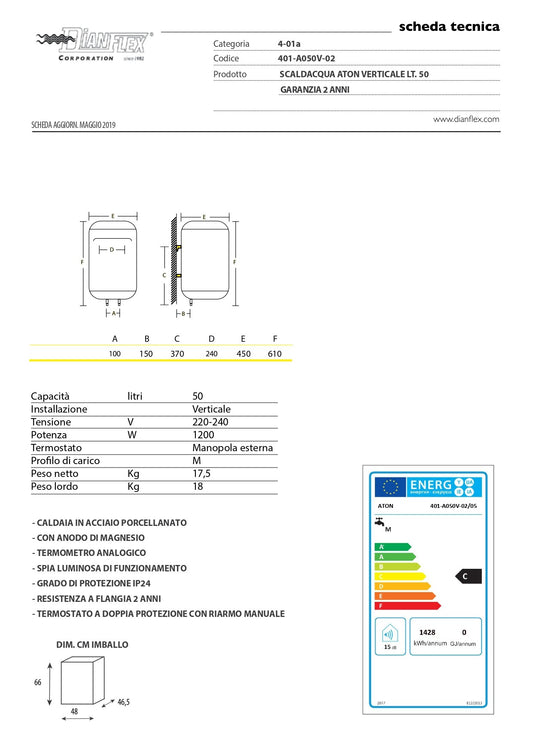 Scaldacqua Elettrico Aton Verticale 50 Lt 2 Anni