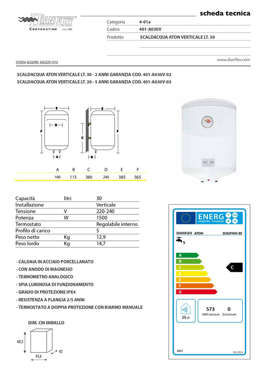 Scaldacqua Elettrico Aton Verticale 30 Lt 2 Anni