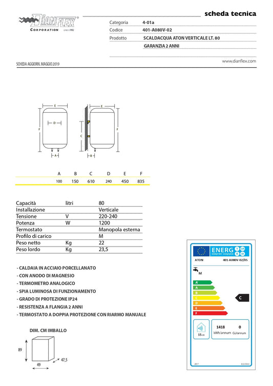 Scaldacqua Elettrico Aton Verticale 80 Lt 2 Anni