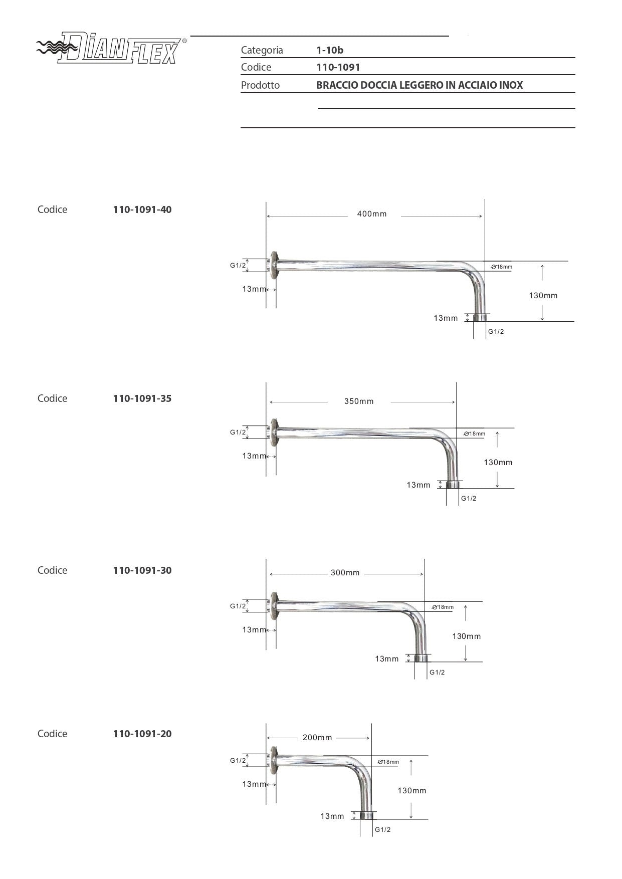 Braccio Doccia Cromato 20 cm