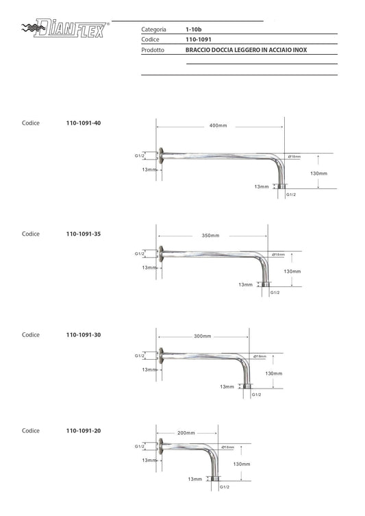 Braccio Doccia Cromato 20 cm