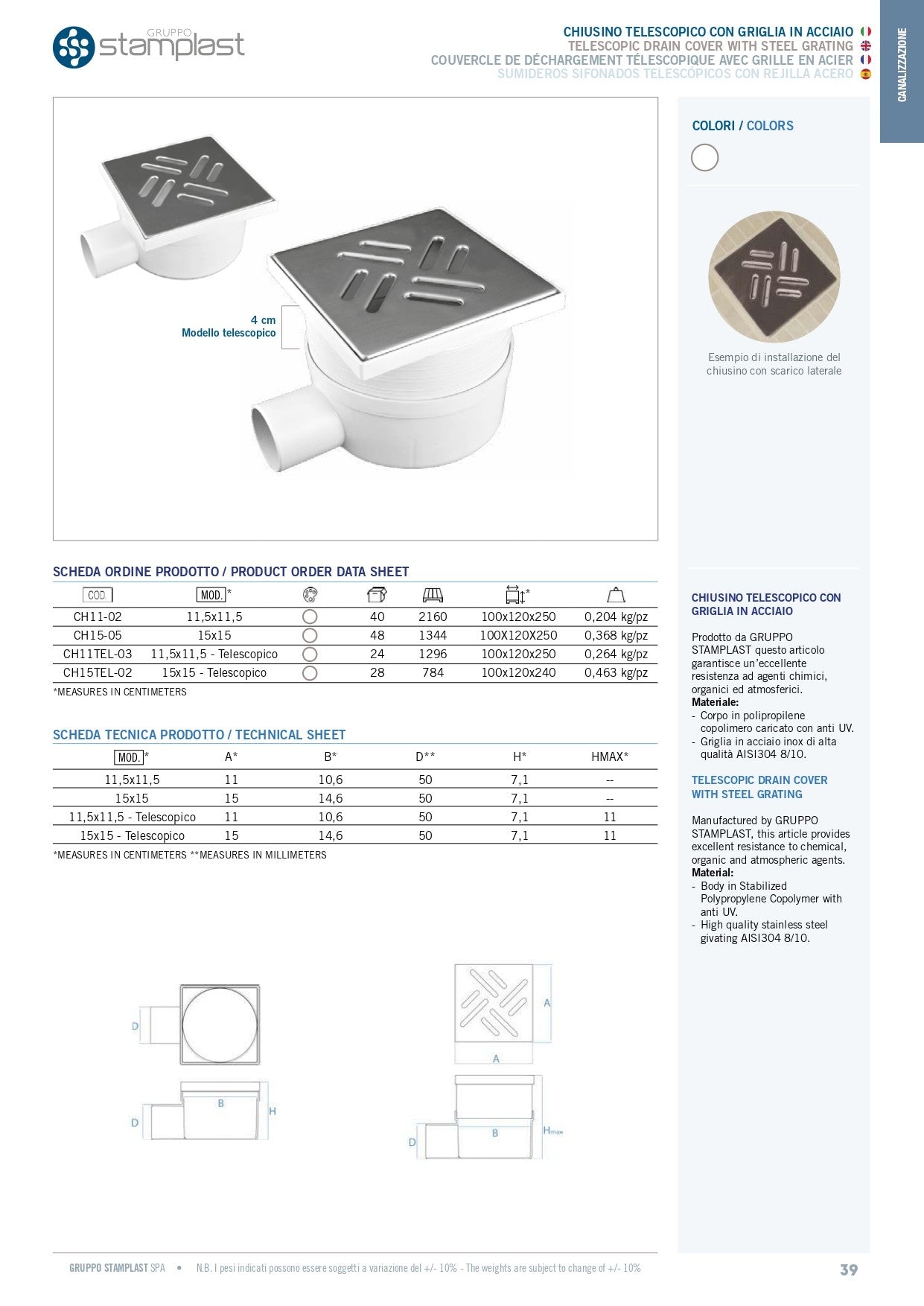 Chiusino con Scarico Telescopico e Griglia in Acciaio 11,5X11,5cm