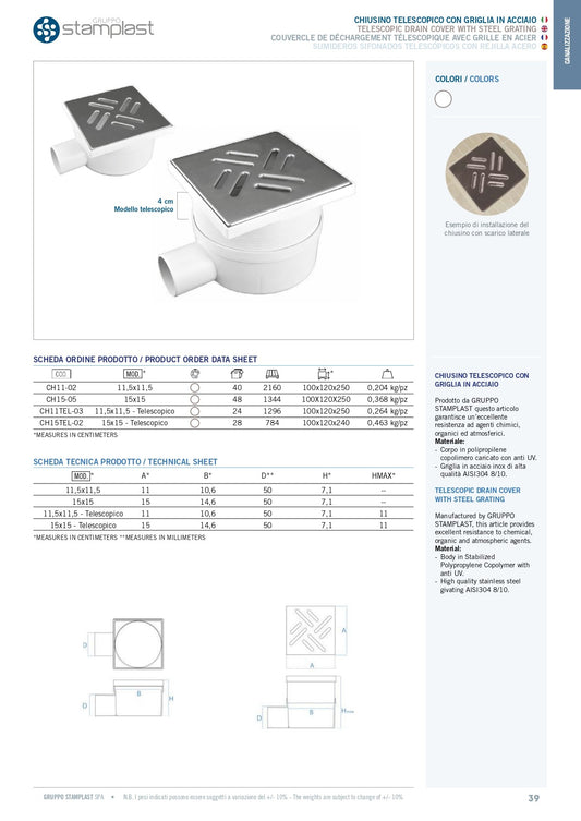 Chiusino con Scarico Telescopico e Griglia in Acciaio 15X15cm