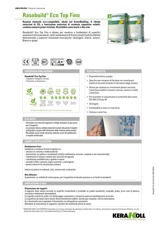 Kerakoll RASOBUILD ECO Top Fino Bianco 25 Kg - Scheda Tecnica