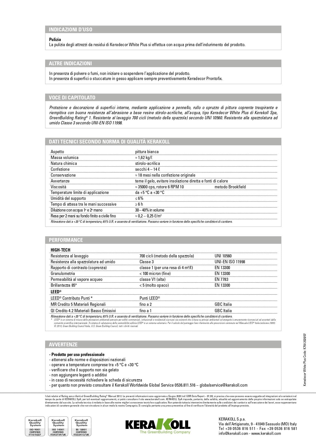 Scheda Tecnica Kerakoll Keradecor Eco White Plus