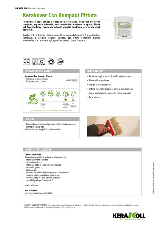 Scheda Tecnica Kerakoll Kerakover Eco Kompact Pittura Bianco 14 Lt