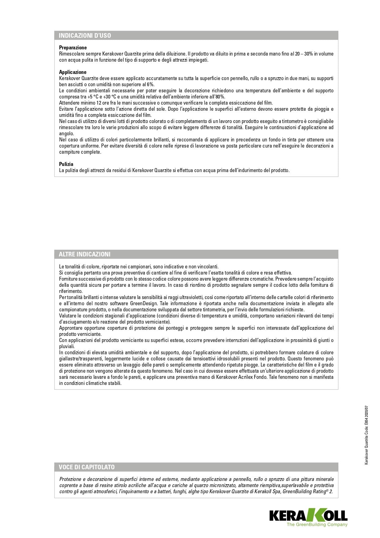 Scheda Tecnica Kerakoll Kerakover Eco Quarzite Bianco - Idropittura al quarzo organica minerale ecocompatibile