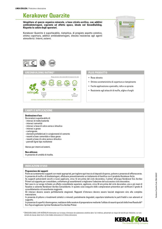 Scheda Tecnica Kerakoll Kerakover Eco Quarzite Bianco - Idropittura al quarzo organica minerale ecocompatibile