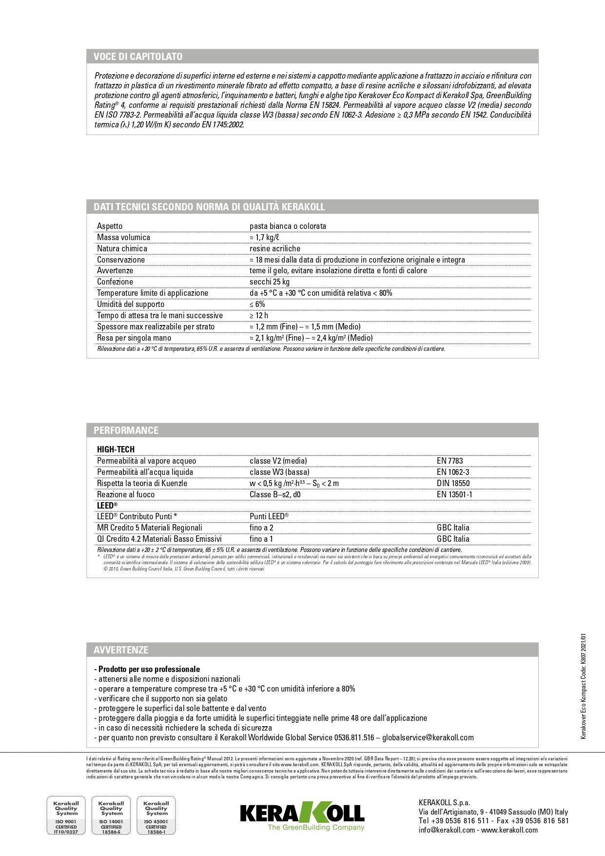 Scheda Tecnica Kerakoll - Kerakover Eco Kompact