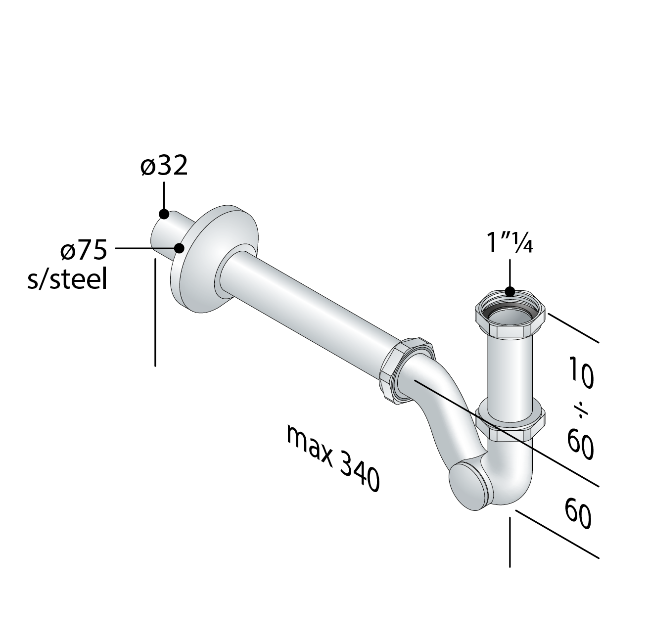 Sifone in Ottone Cromato Per Lavabo e Bidet 1"1/4