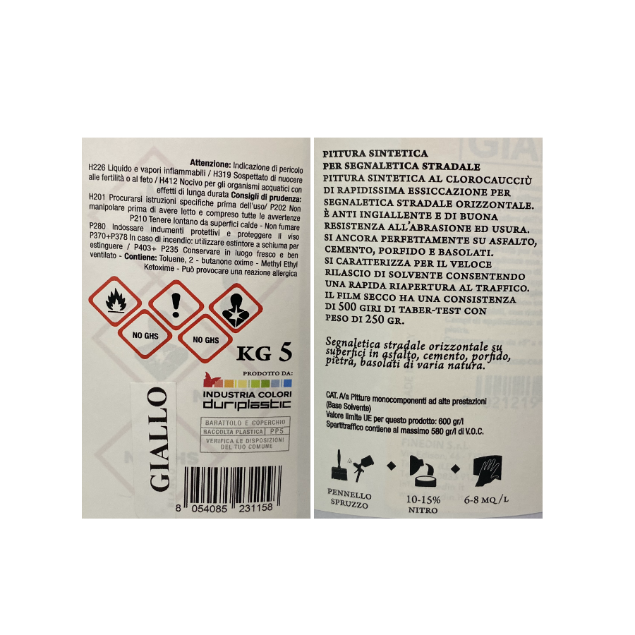 Pittura sintetica per segnaletica stradale Spartitraffico Giallo 5 Lt Italia Colorpaint Duriplastic