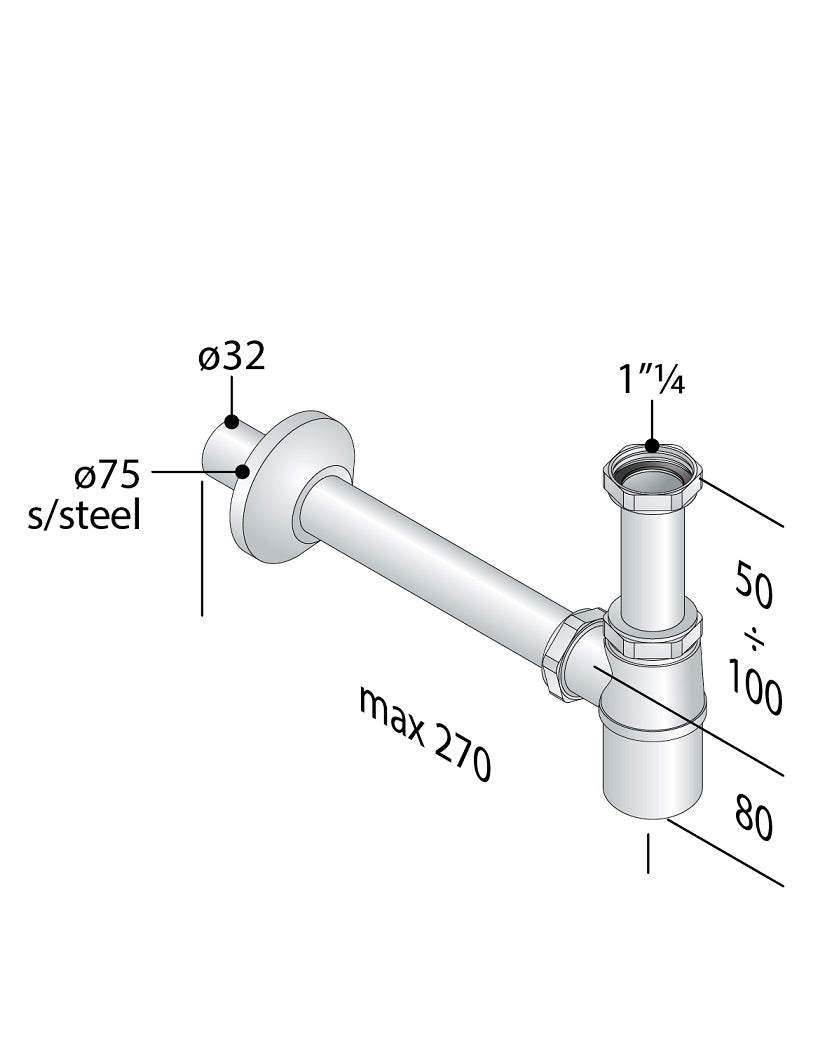 Sifone a Bottiglia in Ottone Cromato Per Lavabo e Bidet 1"1/4