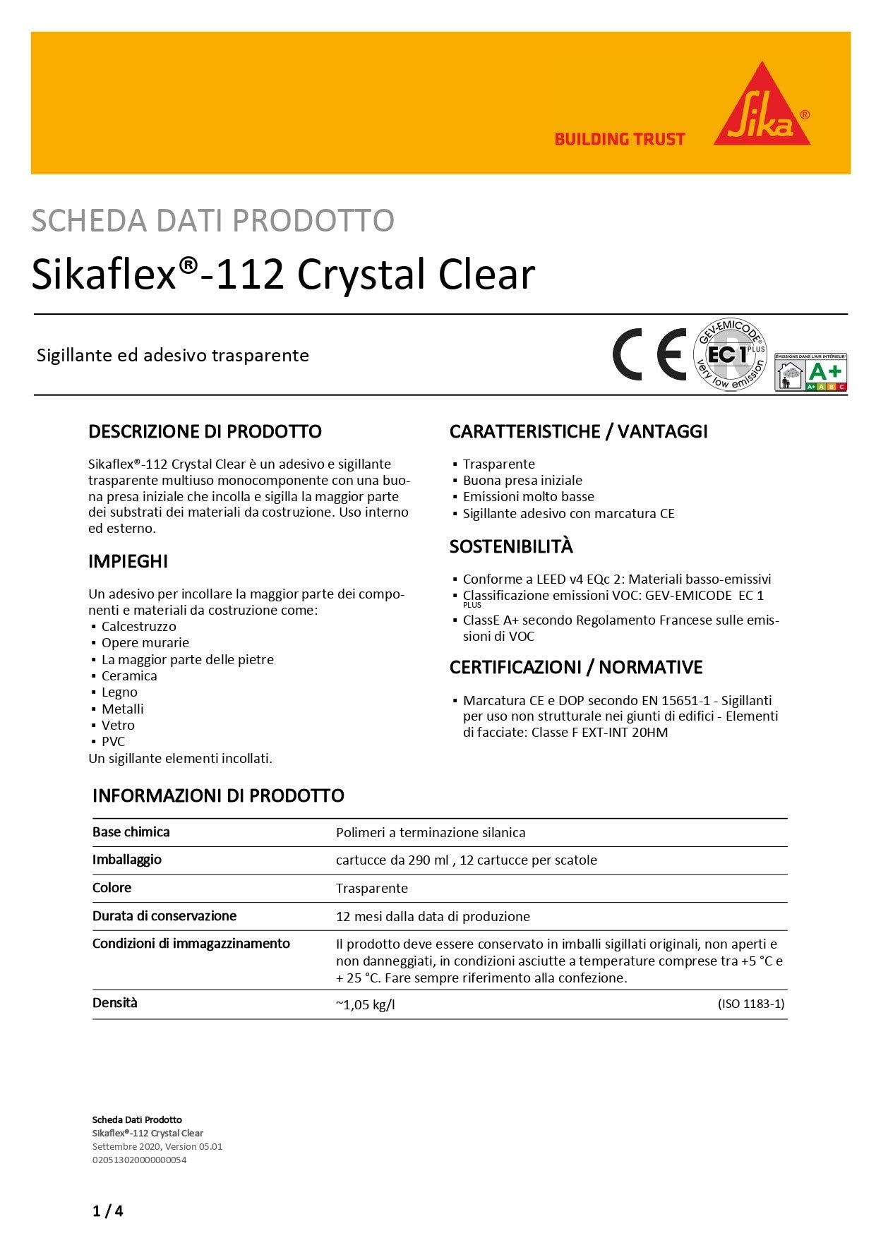 Sikaflex-112 Crystal Clear Trasparente 290 ml