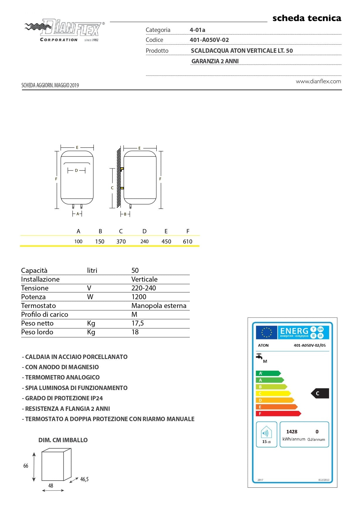 Scaldacqua Elettrico Aton Verticale 50 Lt 2 Anni