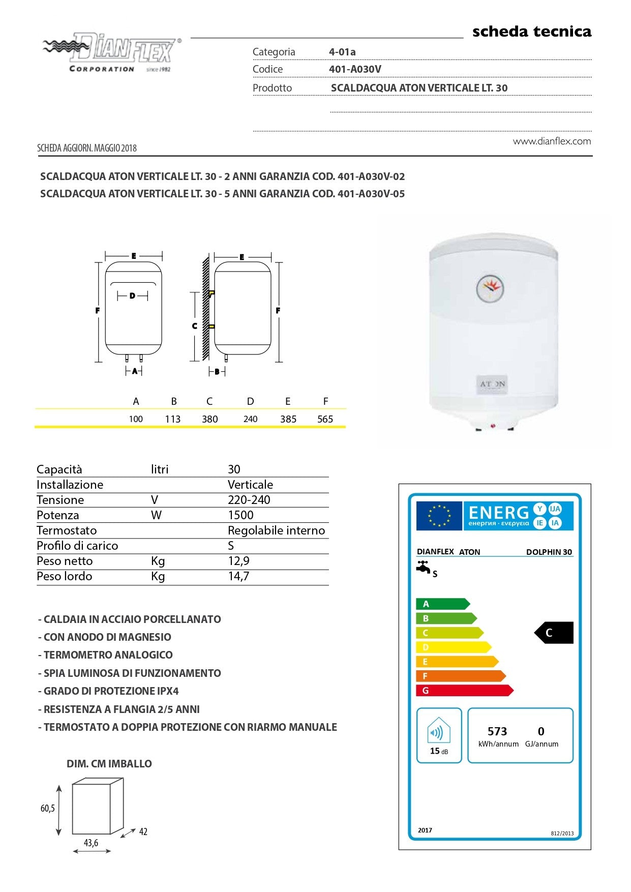 Scaldacqua Elettrico Aton Verticale 30 Lt 2 Anni