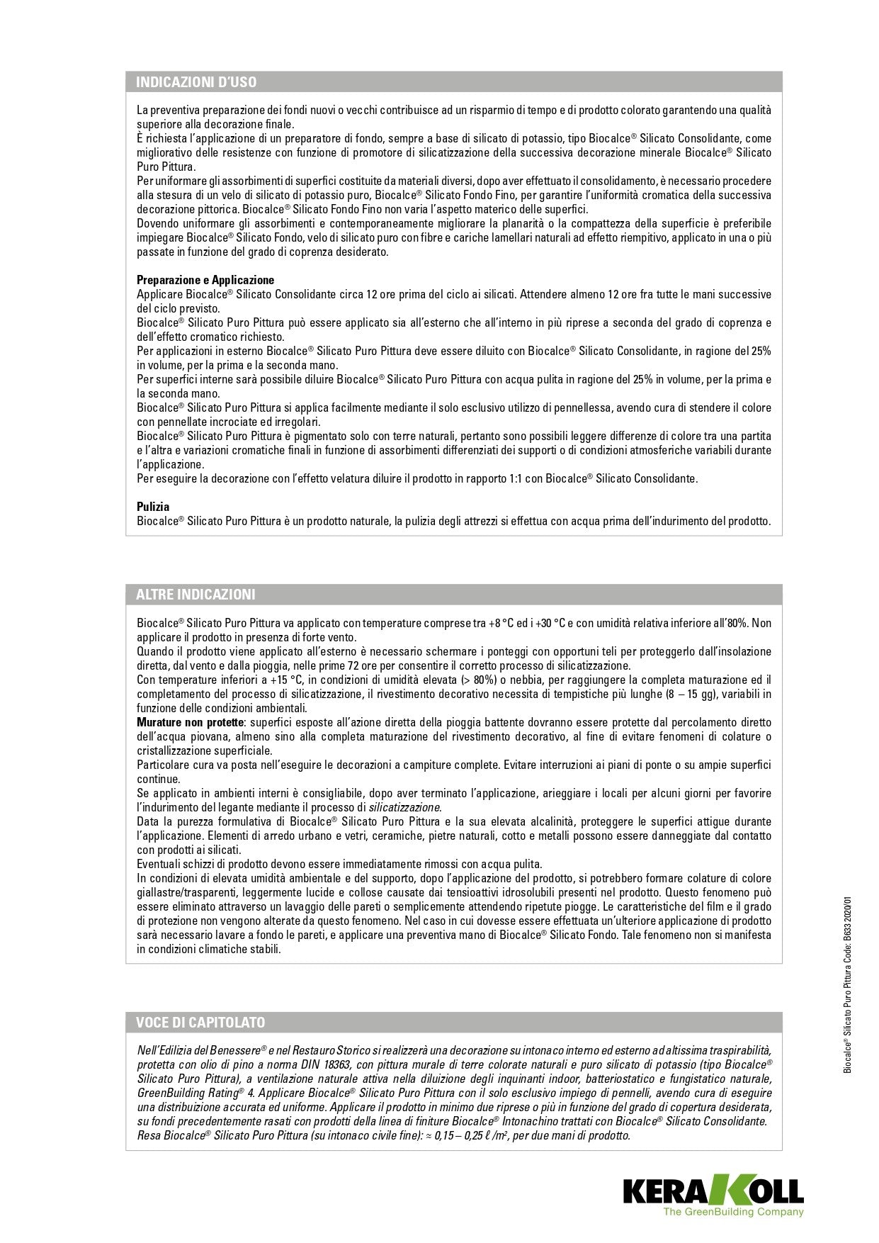 BIOCALCE Silicato Puro Pittura Bianco - Kerakoll Scheda Tecnica pagina 2