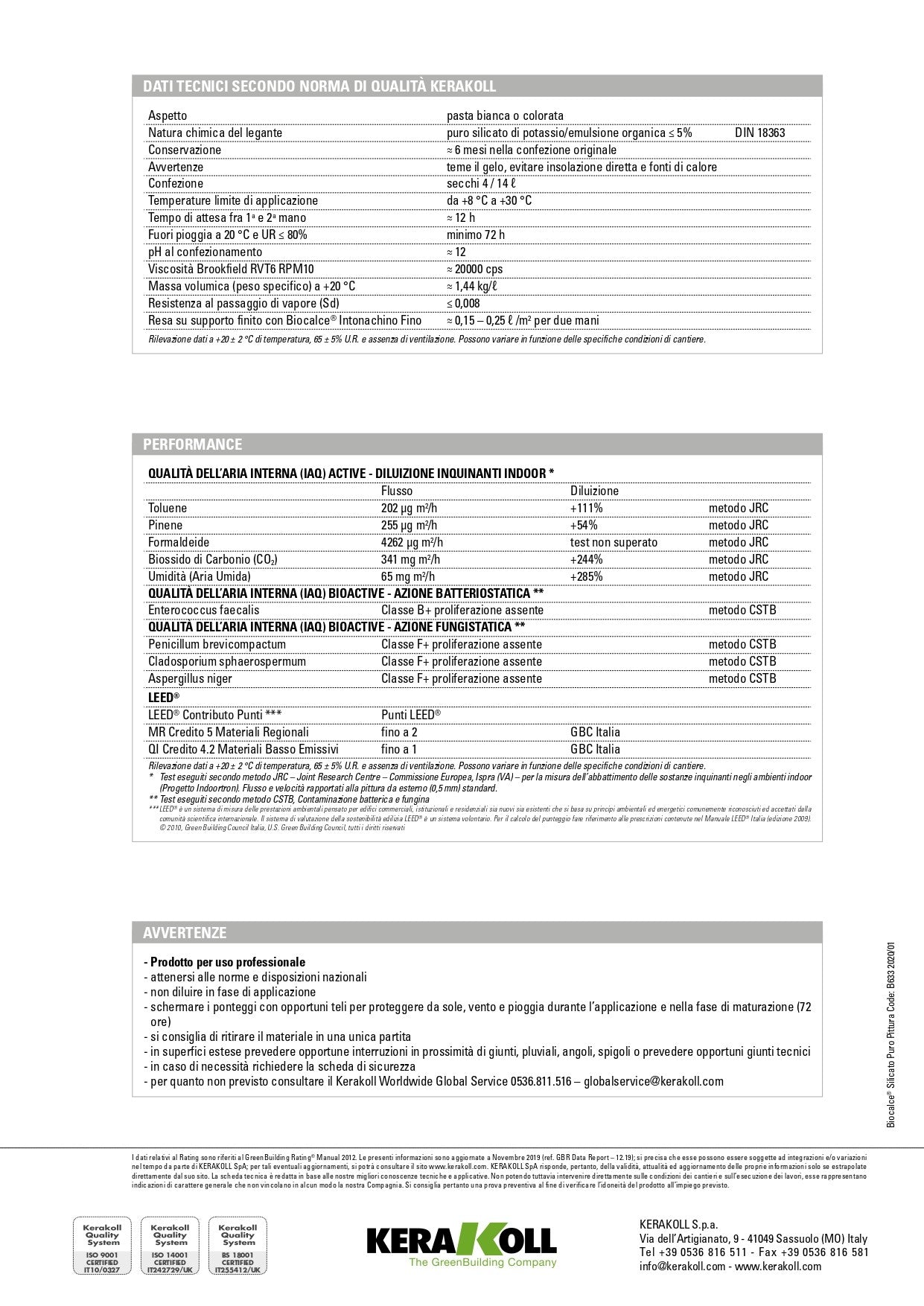 BIOCALCE Silicato Puro Pittura Bianco - Kerakoll Scheda Tecnica pagina 3