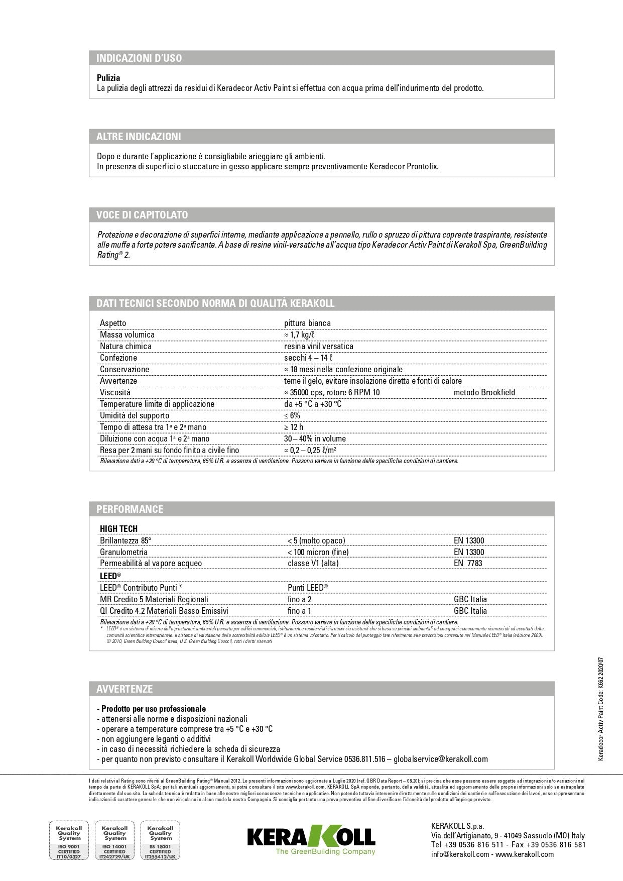 KERADECOR ECO Activ Paint Bianco Kerakoll Scheda Tecnica pagina 2