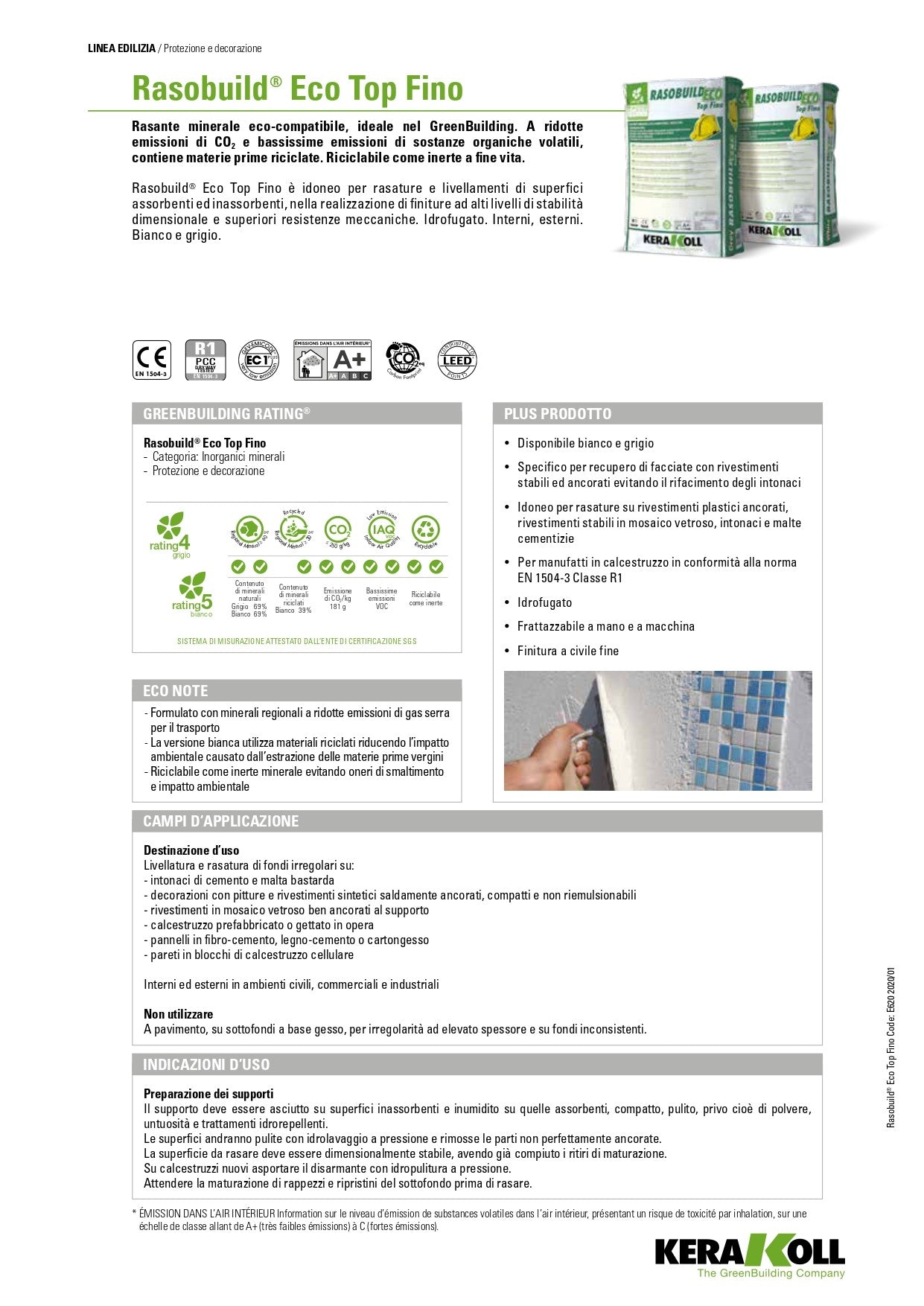 Kerakoll RASOBUILD ECO Top Fino Bianco 25 Kg  - Scheda Tecnica 