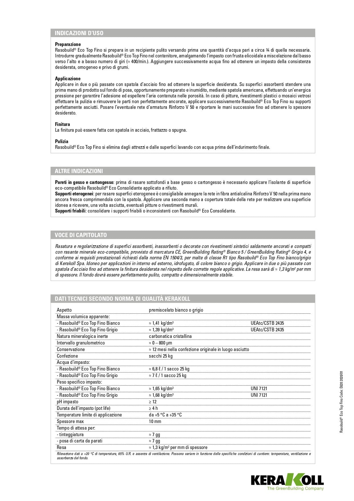 Kerakoll RASOBUILD ECO Top Fino Bianco 25 Kg  - Scheda Tecnica  pagina 2