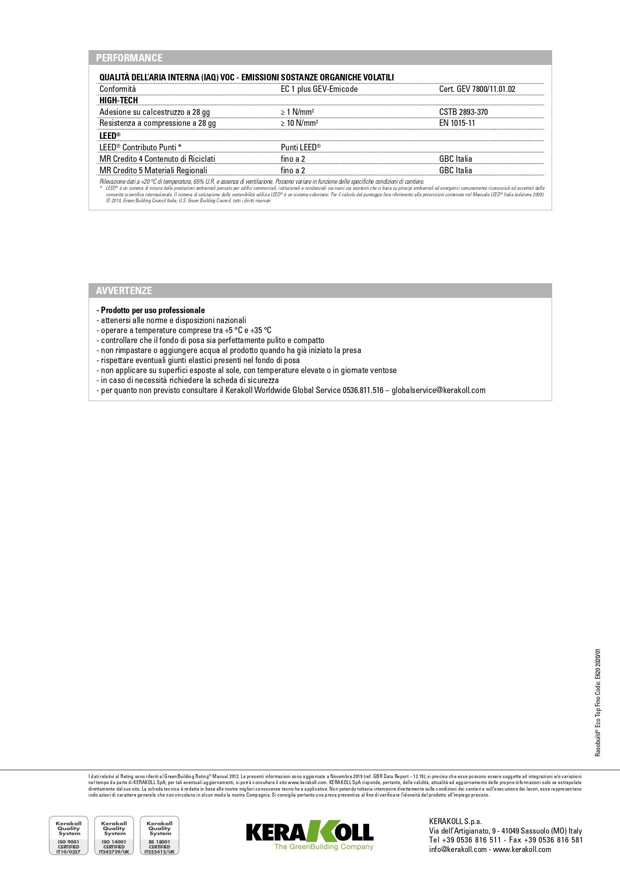 Kerakoll RASOBUILD ECO Top Fino Bianco 25 Kg  - Scheda Tecnica  pagina 3