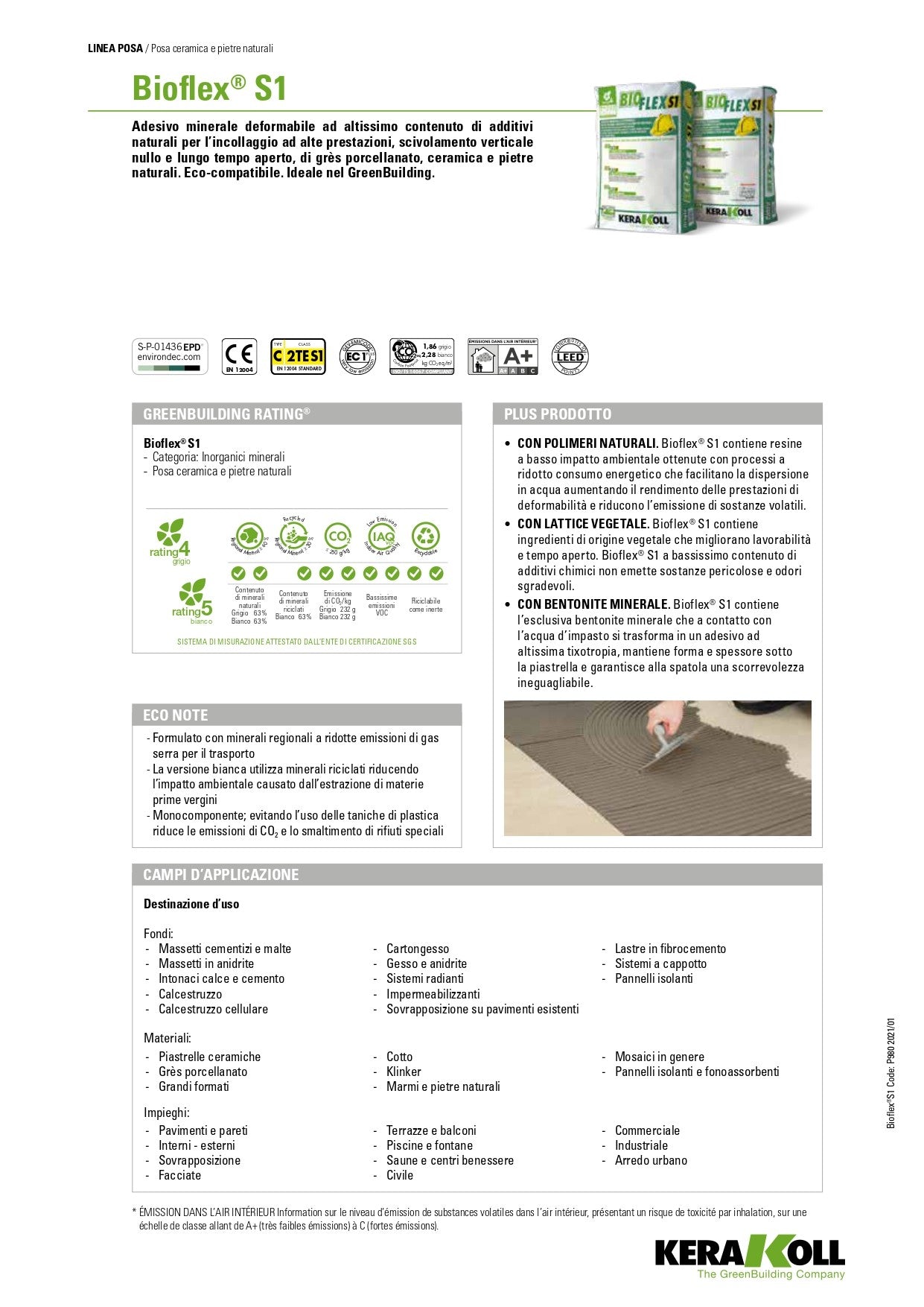 Scheda Tecnica Kerakoll Bioflex S1 Bianco 25 Kg - Adesivo Minerale deformabile 