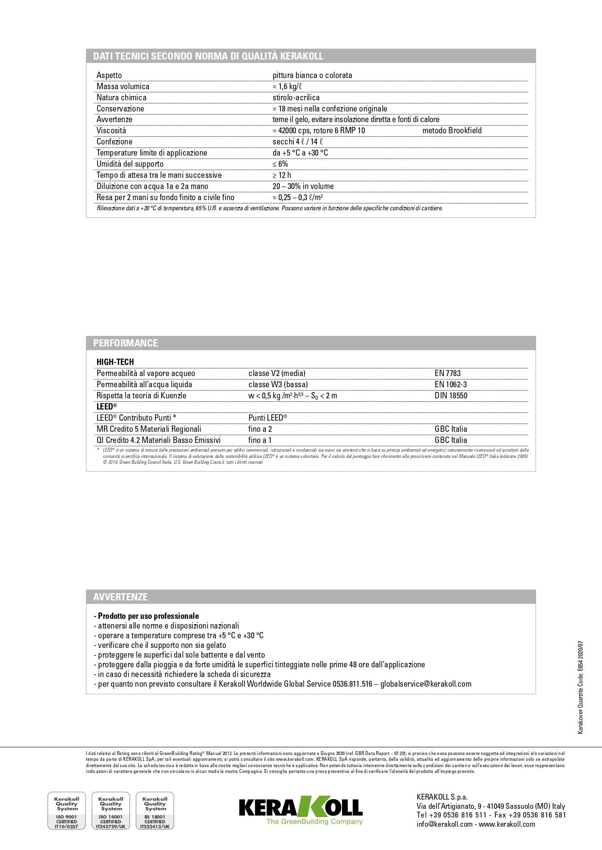 Scheda Tecnica Kerakoll Kerakover Eco Quarzite Bianco - Idropittura al quarzo organica minerale ecocompatibile