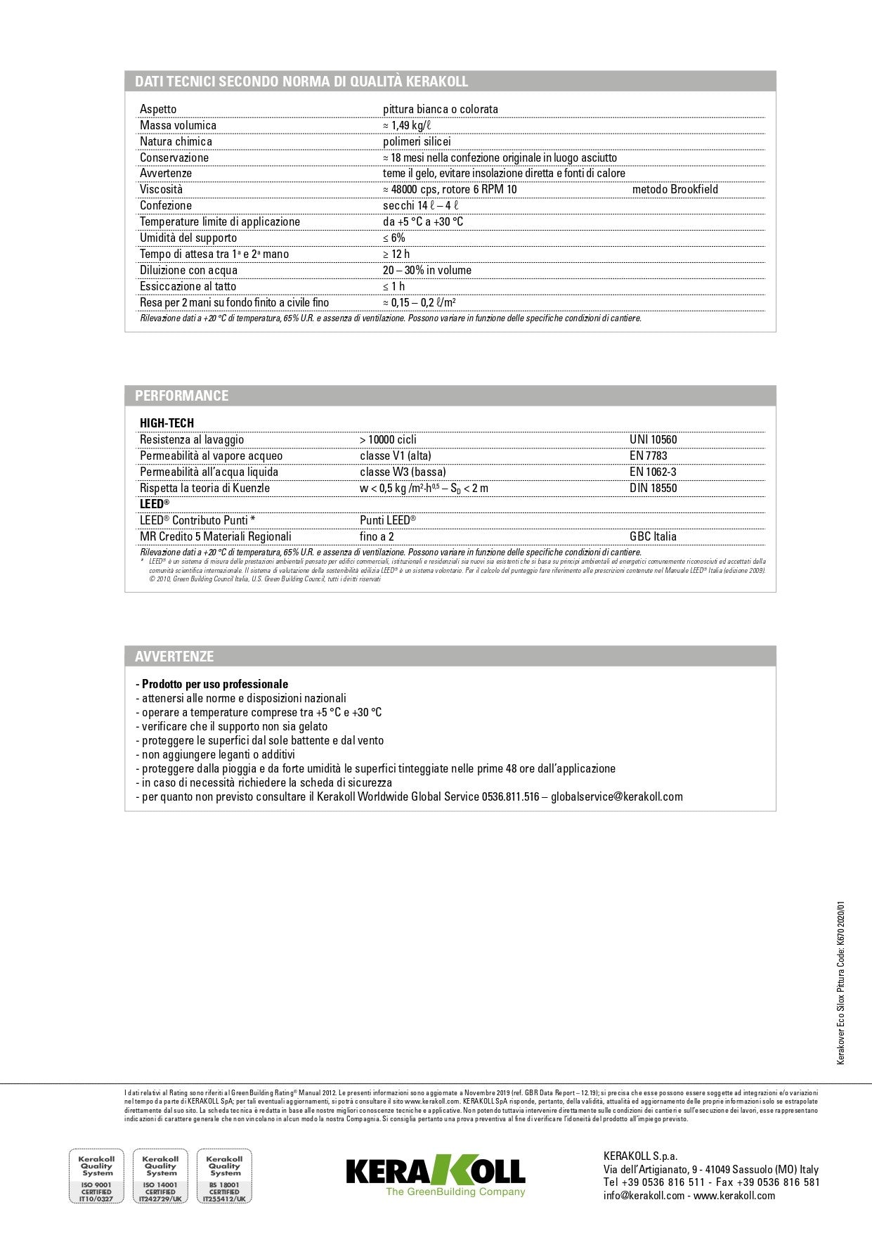 Scheda Tecnica Kerakoll - Kerakover Eco Silox Pittura 